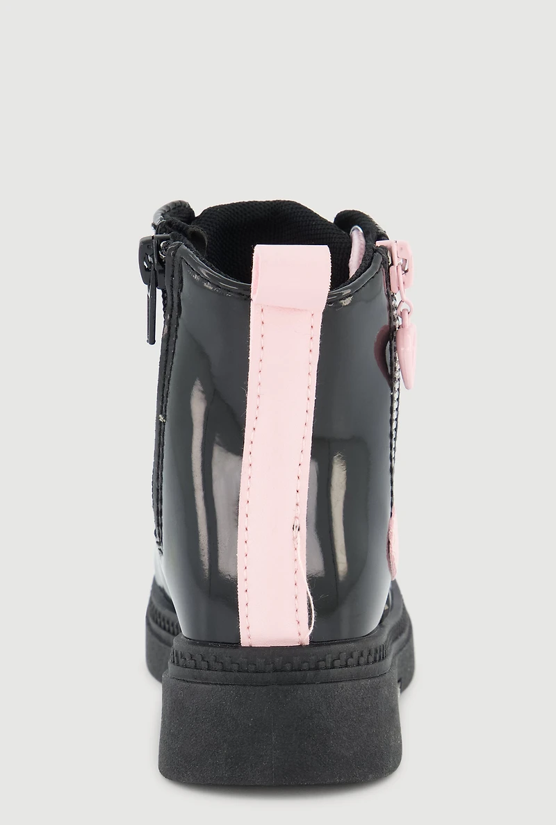Womens Toddler Girls Heart Zipper Detail Combat Boots, Black, Size 6