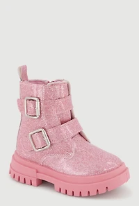 Womens Toddler Girls Glitter Double Buckle Combat Boots, Pink,