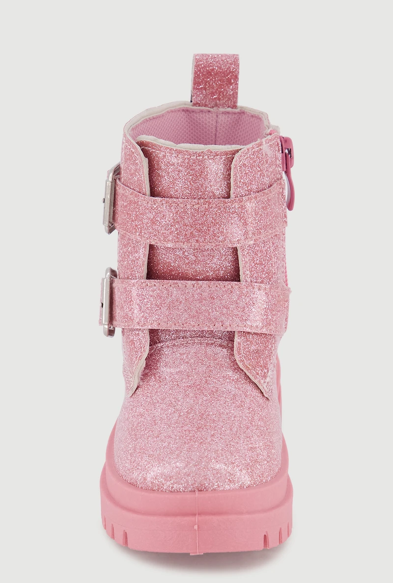 Womens Toddler Girls Glitter Double Buckle Combat Boots, Pink,