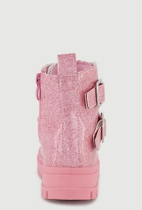 Womens Toddler Girls Glitter Double Buckle Combat Boots, Pink,