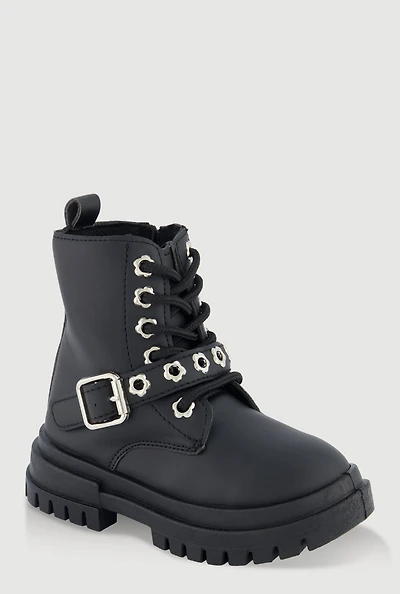 Womens Toddler Girls Faux Leather Grommet Buckle Combat Boots, Black,