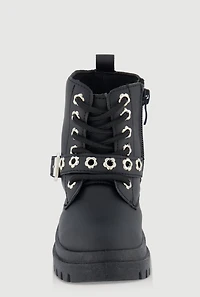 Womens Toddler Girls Faux Leather Grommet Buckle Combat Boots, Black,