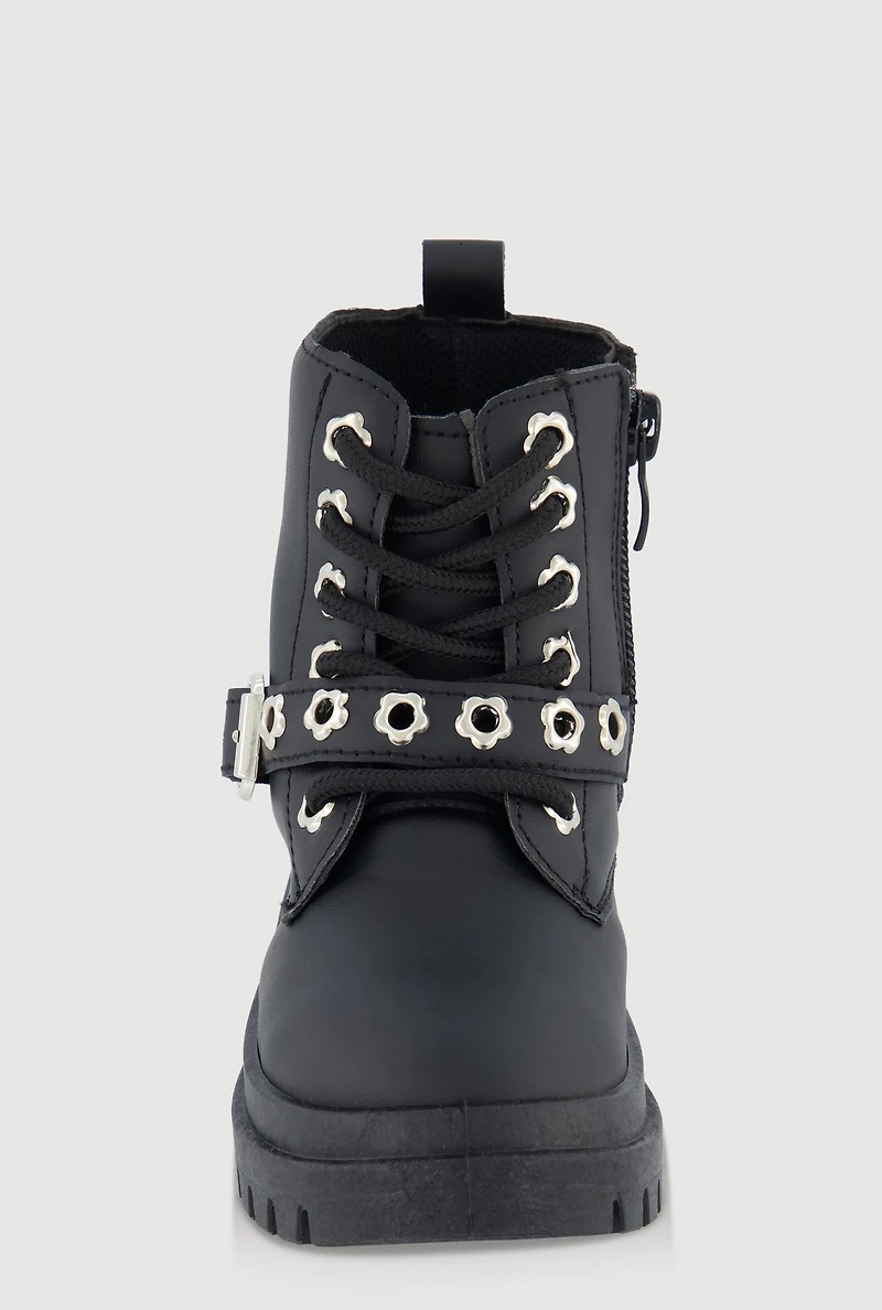 Womens Toddler Girls Faux Leather Grommet Buckle Combat Boots, Black,