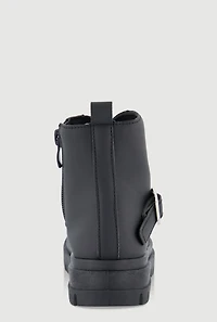 Womens Toddler Girls Faux Leather Grommet Buckle Combat Boots, Black,