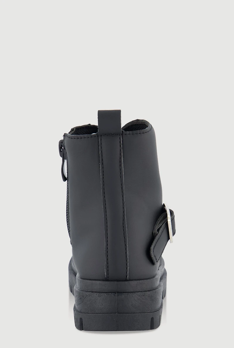 Womens Toddler Girls Faux Leather Grommet Buckle Combat Boots, Black, Size 7