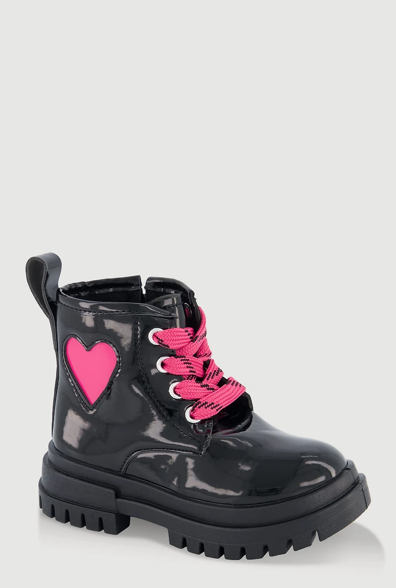 Womens Toddler Girls Faux Leather Heart Detail Combat Boots, Black, Size 8