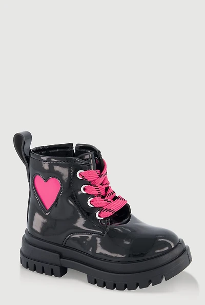Womens Toddler Girls Faux Leather Heart Detail Combat Boots, Black, Size 8