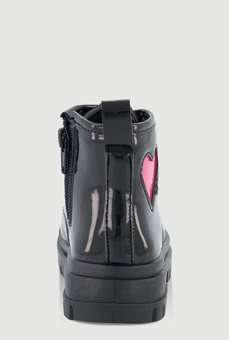 Womens Toddler Girls Faux Leather Heart Detail Combat Boots, Black, Size 9