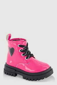 Womens Toddler Girls Faux Leather Heart Detail Combat Boots, Pink,