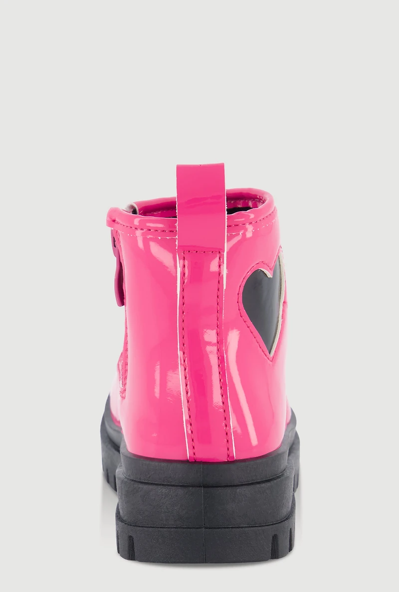 Womens Toddler Girls Faux Leather Heart Detail Combat Boots, Pink, Size 10