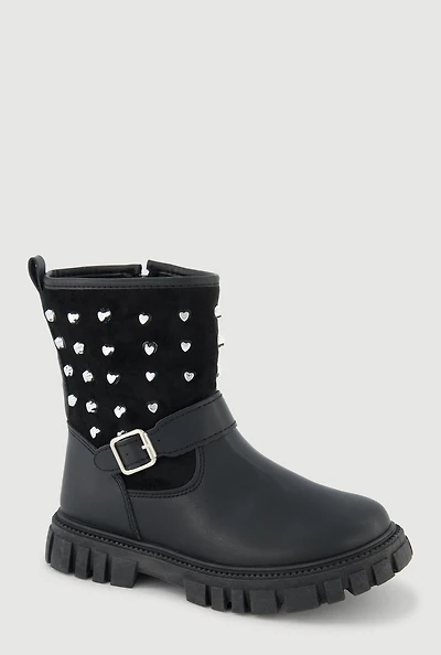Womens Girls Heart Studded Moto Boots, Black, Size 1