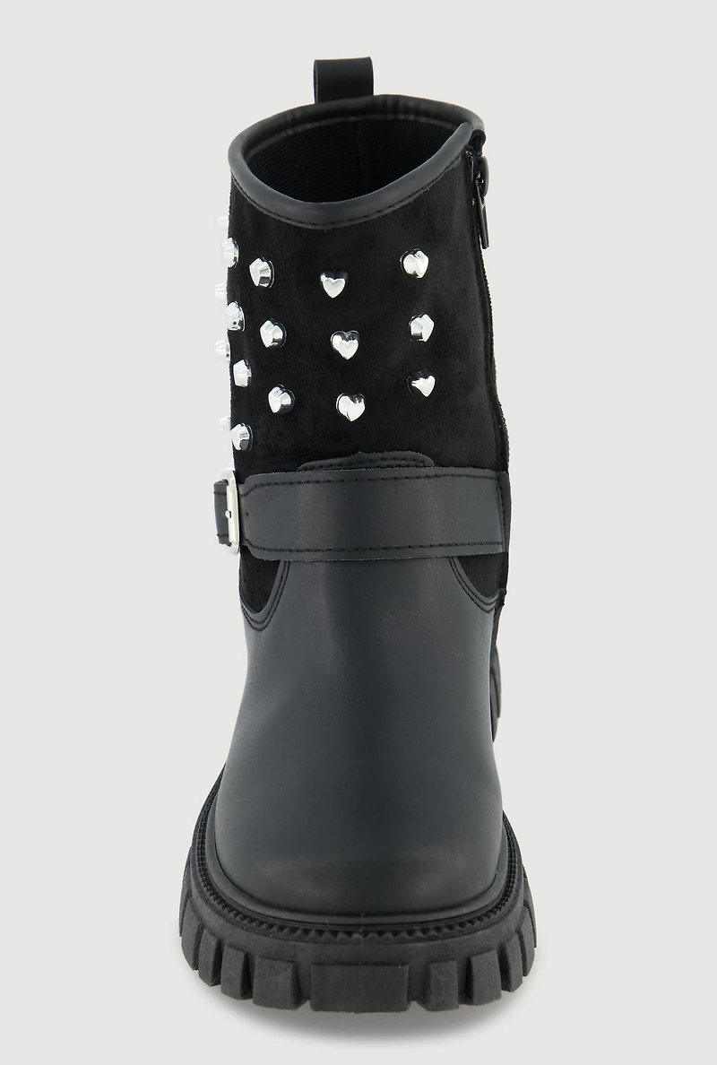 Womens Girls Heart Studded Moto Boots, Black, Size 1