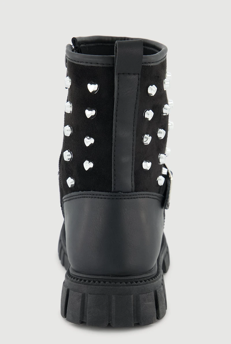 Womens Girls Heart Studded Moto Boots, Black, Size 2