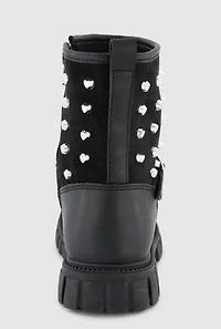 Womens Girls Heart Studded Moto Boots, Black, Size 1