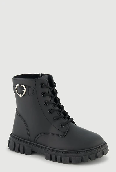 Womens Girls Rhinestone Heart Buckle Detail Combat Boots, Black, Size 4