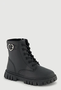 Womens Girls Rhinestone Heart Buckle Detail Combat Boots, Black, Size 4