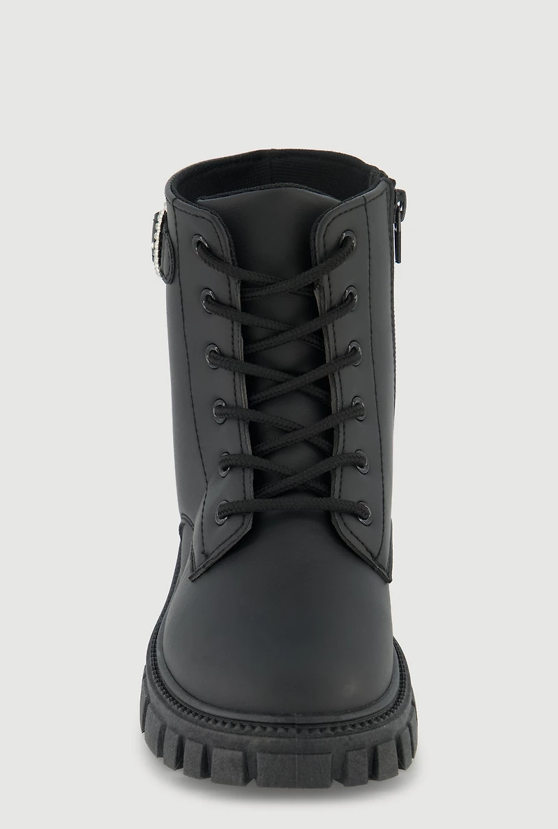 Womens Girls Rhinestone Heart Buckle Detail Combat Boots, Black, Size 4