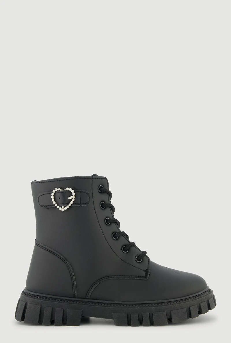 Womens Girls Rhinestone Heart Buckle Detail Combat Boots, Black, Size 4