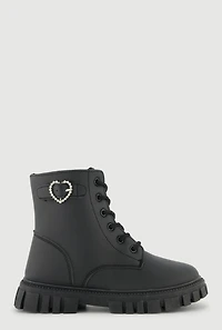 Womens Girls Rhinestone Heart Buckle Detail Combat Boots, Black, Size 4