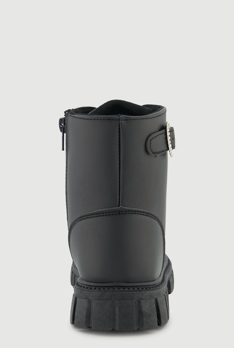 Womens Girls Rhinestone Heart Buckle Detail Combat Boots, Black, Size 4