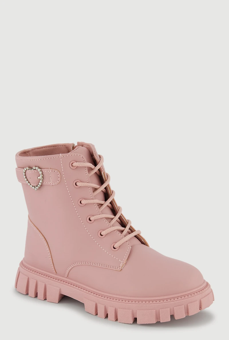 Womens Girls Rhinestone Heart Buckle Detail Combat Boots, Pink,