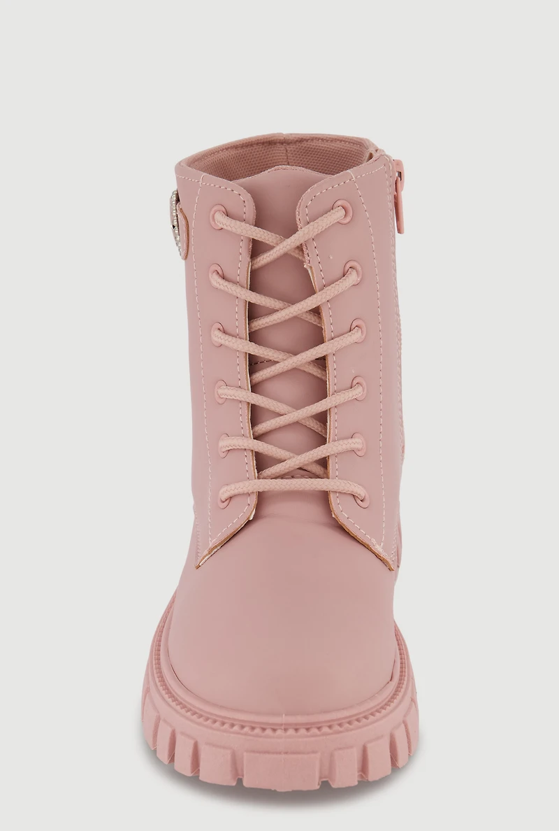 Womens Girls Rhinestone Heart Buckle Detail Combat Boots, Pink, Size 2