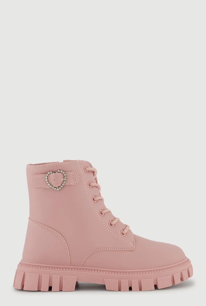 Womens Girls Rhinestone Heart Buckle Detail Combat Boots, Pink, Size 2