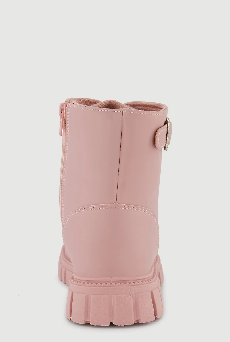 Womens Girls Rhinestone Heart Buckle Detail Combat Boots, Pink,