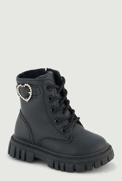 Womens Toddler Girls Rhinestone Heart Buckle Combat Boots,
