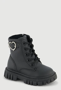 Womens Toddler Girls Rhinestone Heart Buckle Combat Boots, Black, Size 11