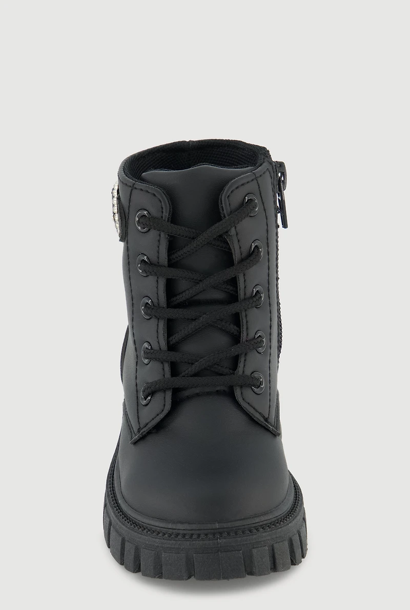 Womens Toddler Girls Rhinestone Heart Buckle Combat Boots,