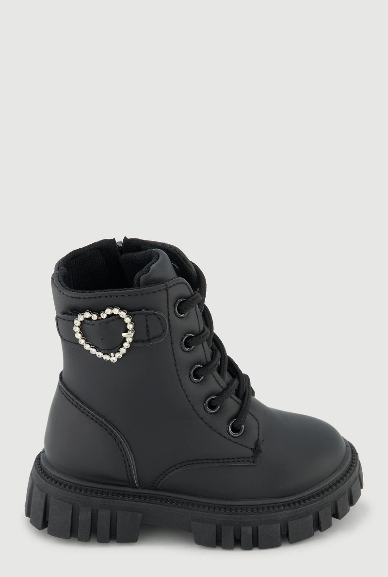 Womens Toddler Girls Rhinestone Heart Buckle Combat Boots,