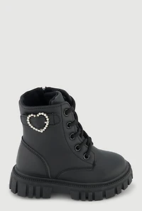Womens Toddler Girls Rhinestone Heart Buckle Combat Boots, Black, Size 11