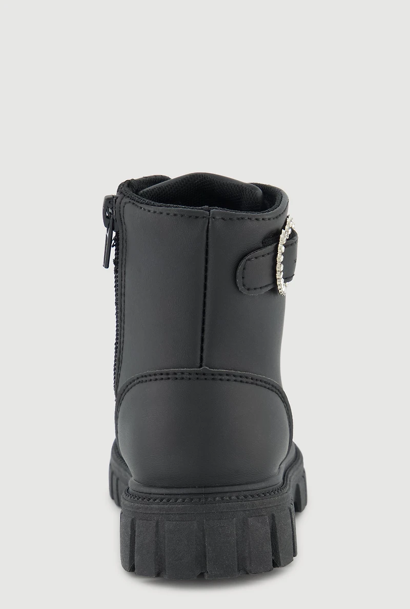 Womens Toddler Girls Rhinestone Heart Buckle Combat Boots,