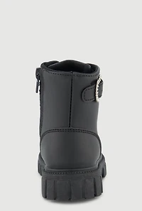 Womens Toddler Girls Rhinestone Heart Buckle Combat Boots,