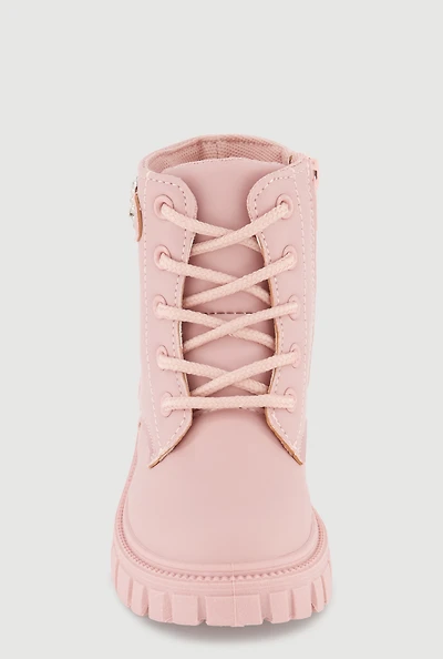 Womens Toddler Girls Rhinestone Heart Buckle Combat Boots, Pink,