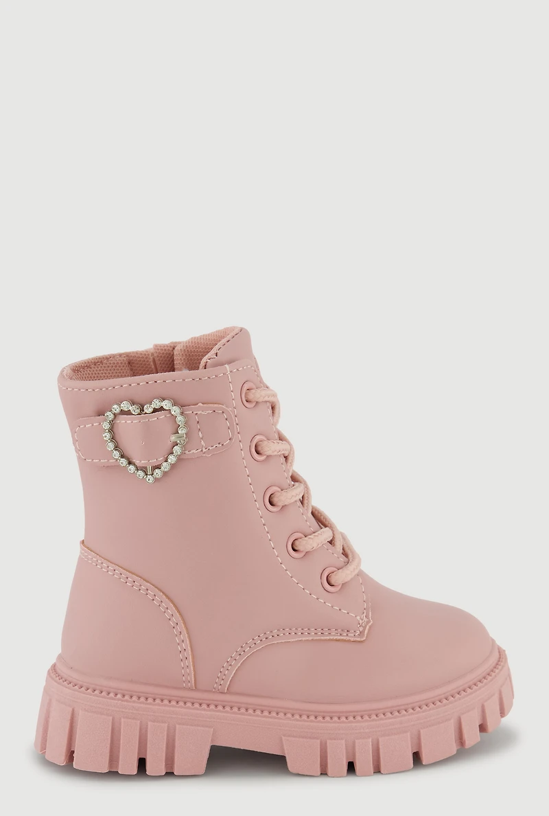 Toddler Girls Rhinestone Heart Buckle Combat Boots