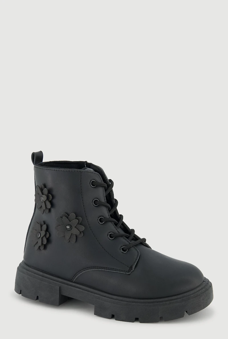 Womens Girls Combat Boots with 3D Flower Details, Black,