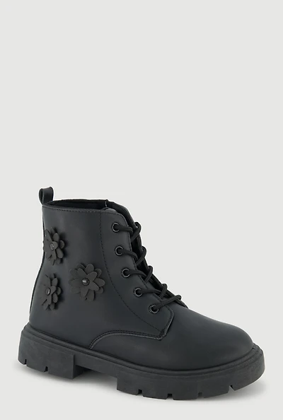 Womens Girls Combat Boots with 3D Flower Details, Black, Size 4