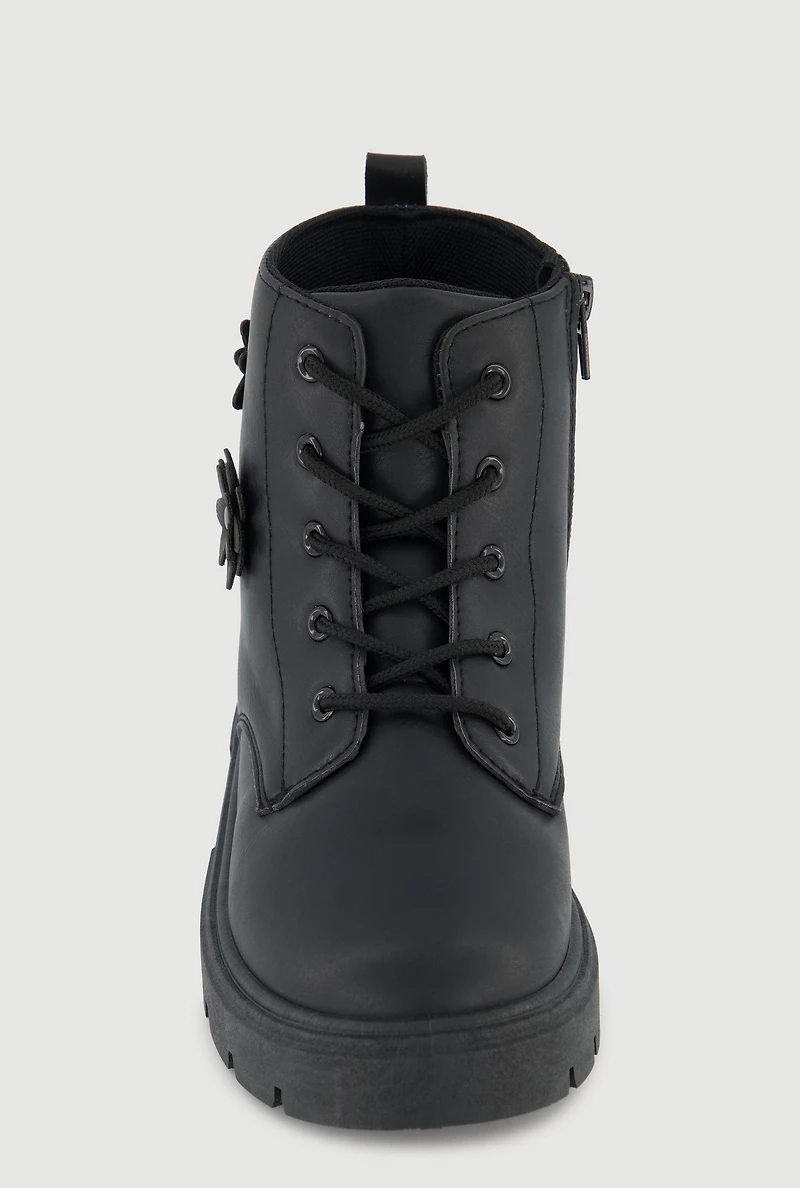 Womens Girls Combat Boots with 3D Flower Details, Black, Size 1