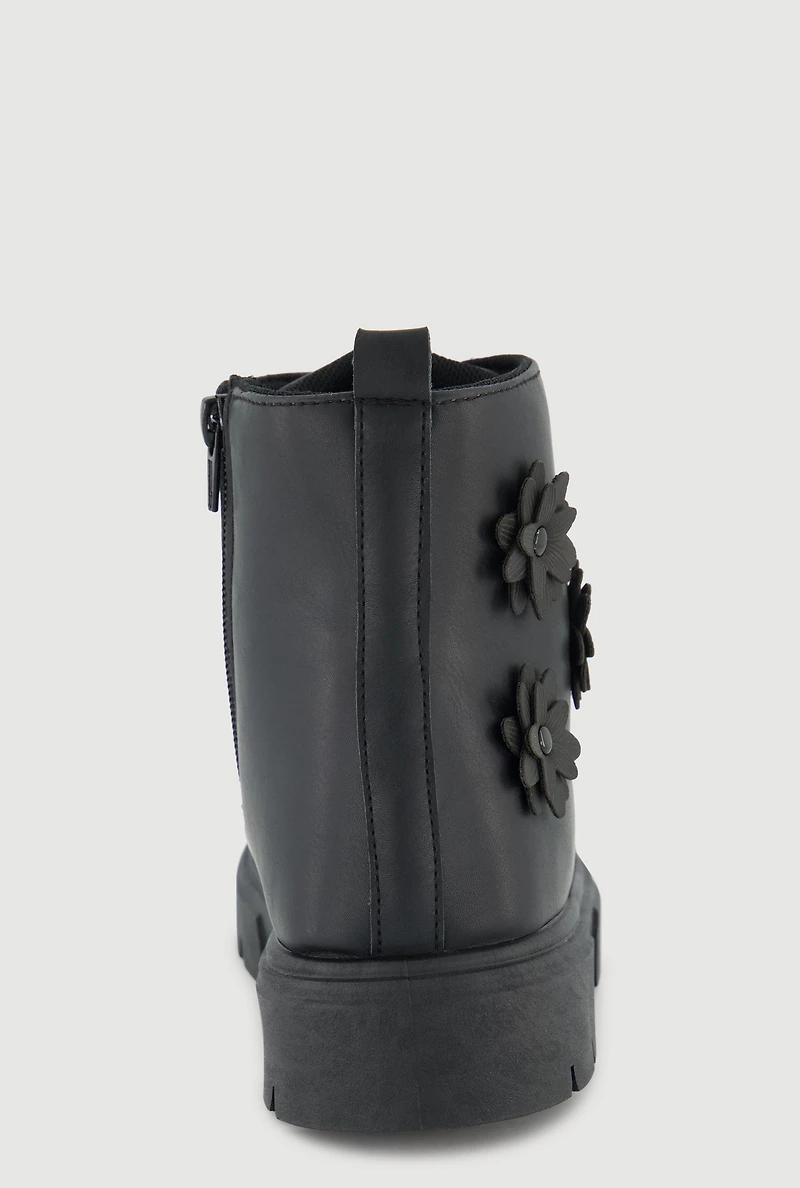 Womens Girls Combat Boots with 3D Flower Details, Black,