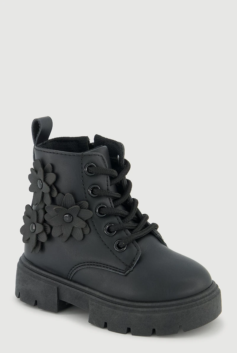 Womens Toddler Girls Combat Boots with 3D Flower Details, Black, Size 7