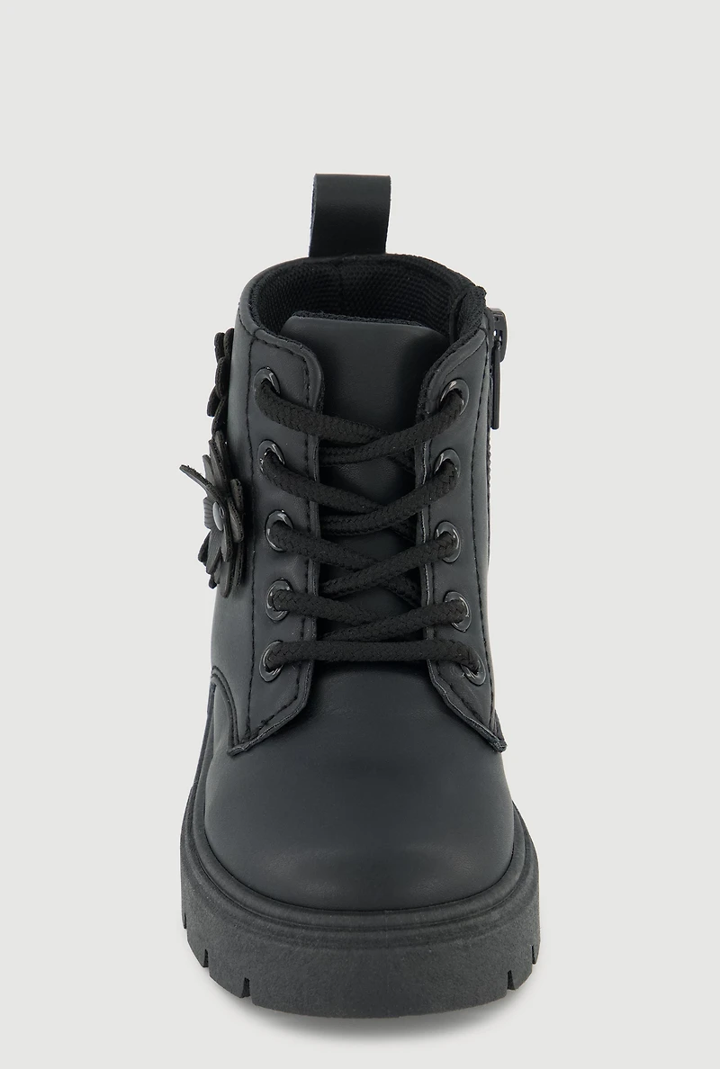 Womens Toddler Girls Combat Boots with 3D Flower Details, Black, Size 7