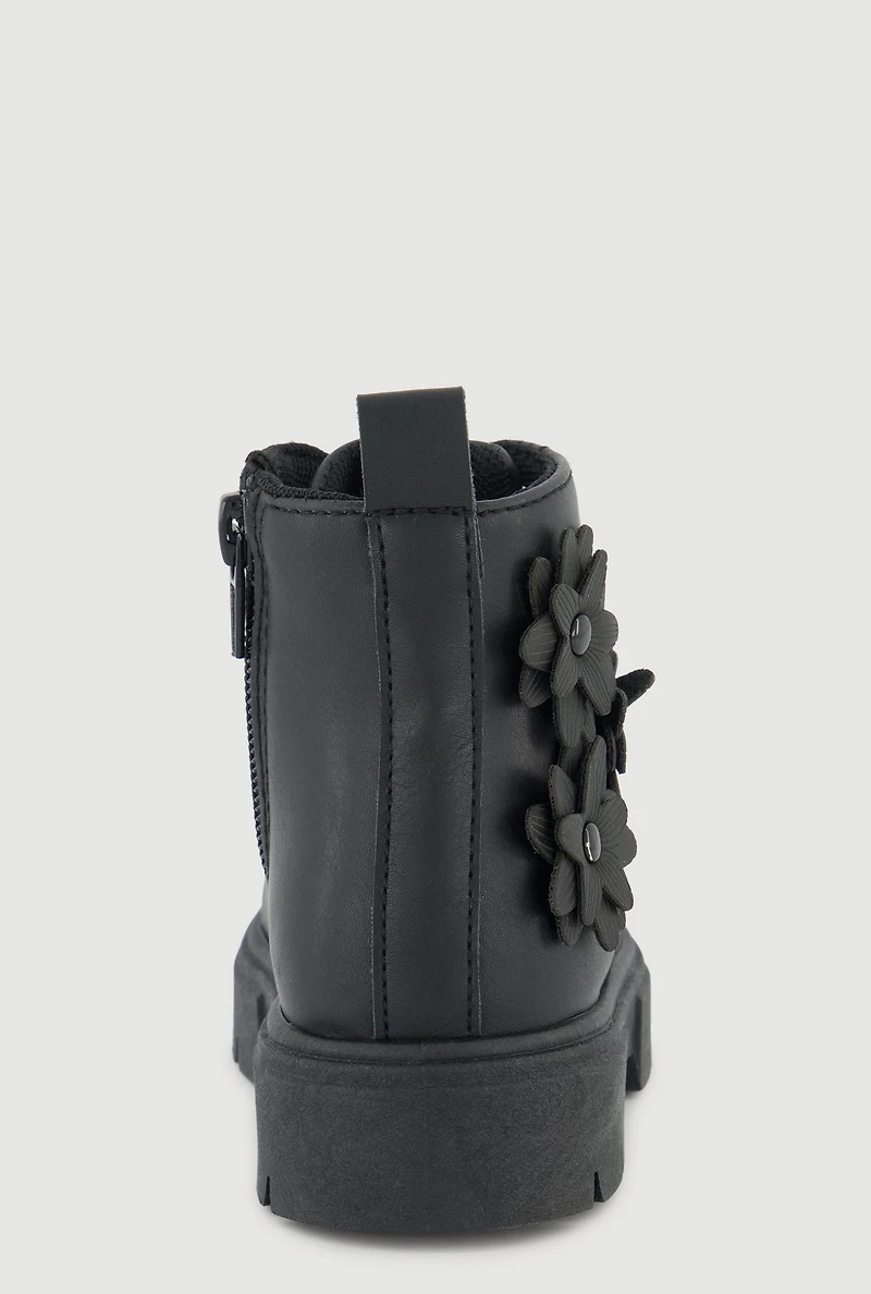 Womens Toddler Girls Combat Boots with 3D Flower Details, Black, Size 7