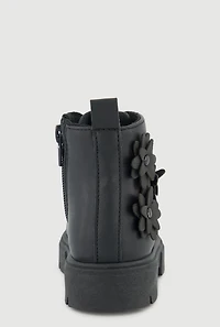 Womens Toddler Girls Combat Boots with 3D Flower Details, Black,