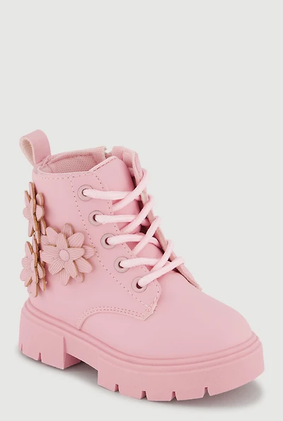 Womens Toddler Girls Combat Boots with 3D Flower Details, Pink,