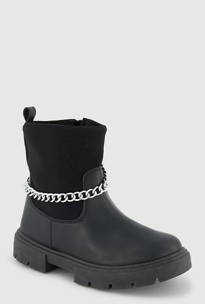 Girls Faux Leather Metallic Chain Ankle Boots, Black,