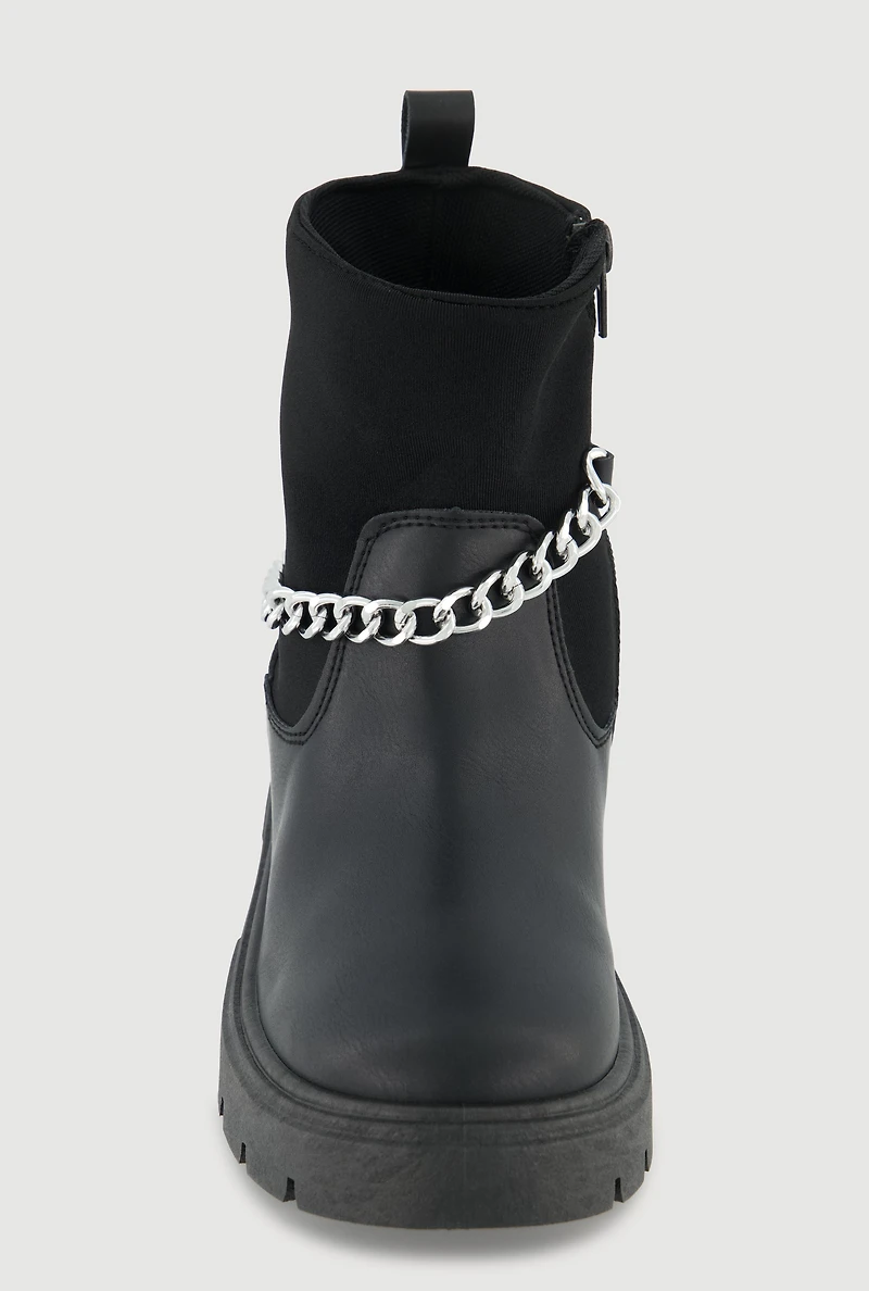 Girls Faux Leather Metallic Chain Ankle Boots, Black,