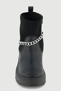 Girls Faux Leather Metallic Chain Ankle Boots, Black,