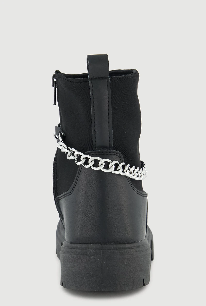Womens Girls Faux Leather Metallic Chain Ankle Boots, Black, Size 13